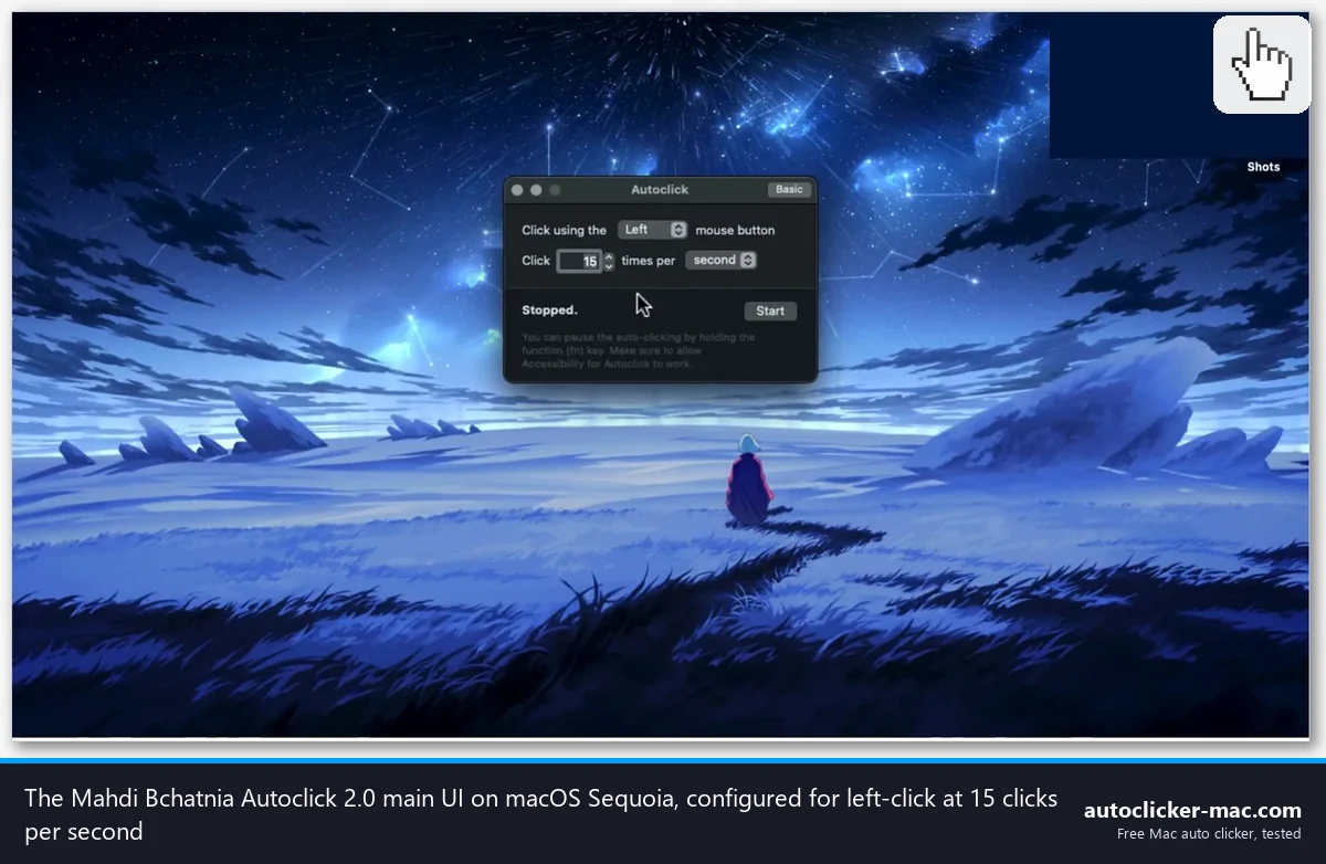 Auto Clicker for Mac main UI on macOS Sequoia configured for 15 clicks per second