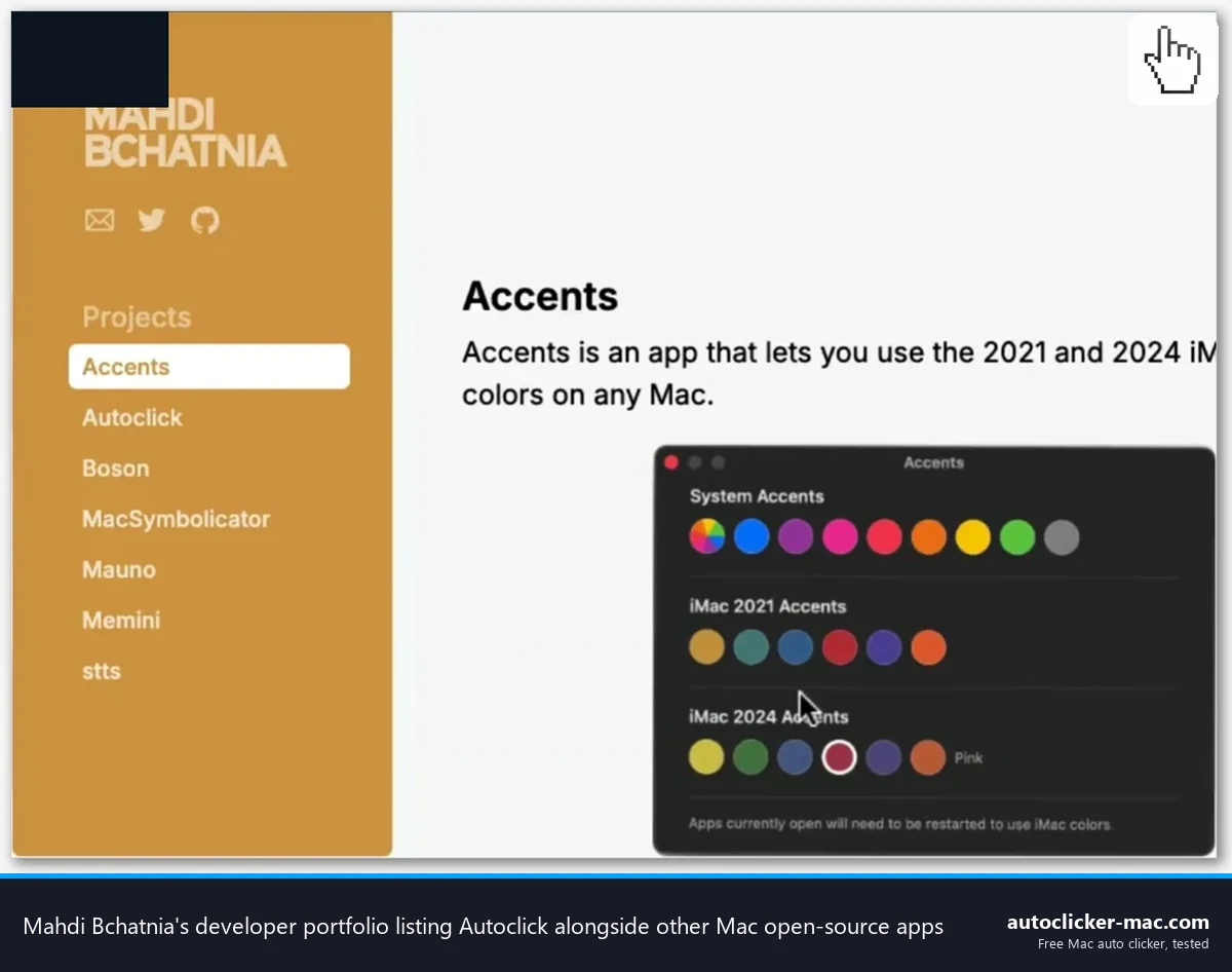Mahdi Bchatnia developer portfolio listing Autoclick alongside other Mac open-source apps