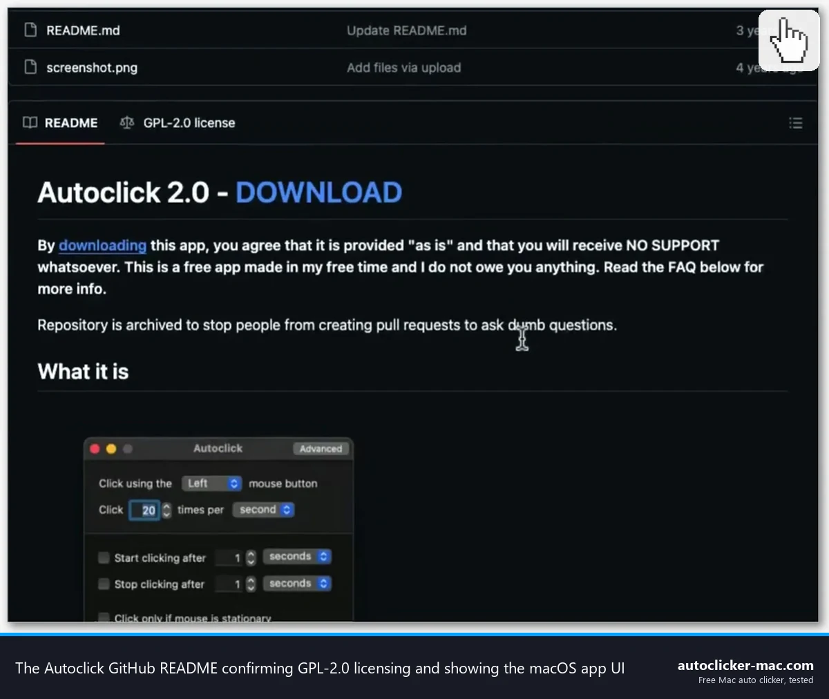 Autoclick GitHub README confirming GPL 2.0 license and showing the auto clicker UI